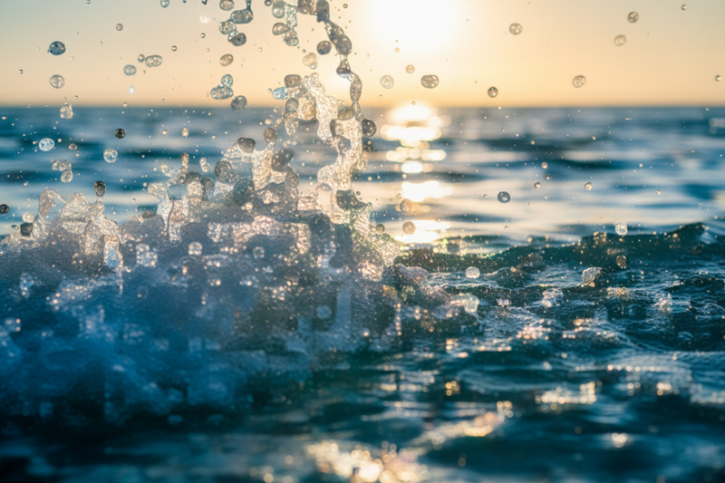 Sunset over the ocean with waves crashing, creating a serene and natural scene.